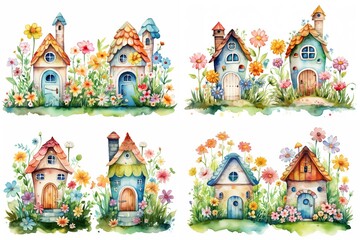 illustration watercolor fairy flower blossom house cartoon clipart collection set isolated on white background