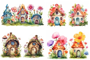 illustration watercolor fairy flower blossom house cartoon clipart collection set isolated on white background