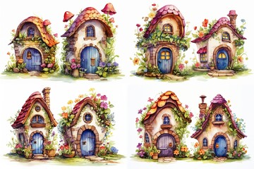 Fototapeta premium illustration watercolor fairy flower blossom house cartoon clipart collection set isolated on white background