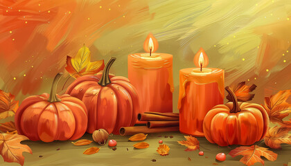 A painting of a table with candles and pumpkins on it