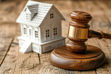 Real Estate Auction Concept with Gavel and House Model on Wooden Surface