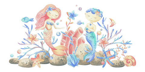 Mermaid little boy and girl with sea corals, algae, shells, starfish, fish, bubbles. Watercolor illustration hand drawn in coral, turquoise and blue colors. Composition isolated from the background.