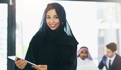 Portrait, business people and Muslim woman with tablet, smile and confidence with career ambition....