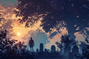 lone figure visiting relatives at cemetery back view aigenerated melancholic scene concept illustration