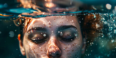 Close Up of Woman with Freckles Submerged in Water with Eyes Closed and Bubbles Floating
