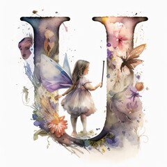Beautiful floral font, capital letter U with cute little girl, watercolor painting