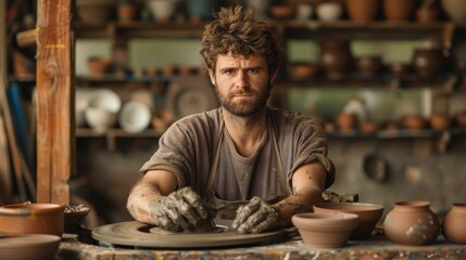 The picture of the professional potter working inside the workshop about molding the clay into the pot, the potter require skills like accuracy, experience, training and attention to detail. AIG43.