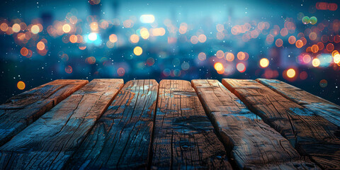 Wooden Deck with Bokeh City Lights in the Background