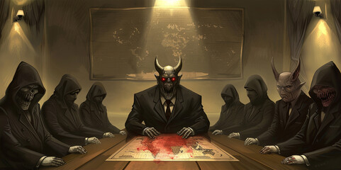 Group of people gathered around a table over a world map. A shadow government is plotting to conspire and seize power. The scene is tense and serious. Illustration for varied design.