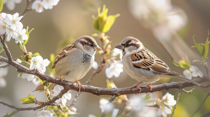 Two birds are perched on a branch of a tree with white flowers