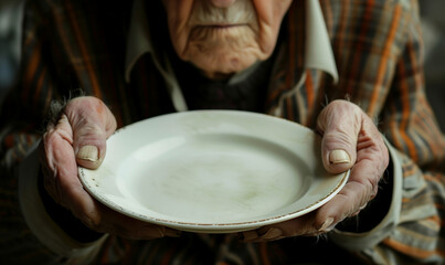 An elderly person sits in front of an empty plate, which is a painful image of poverty among seniors. Her sad look and emaciated hands speak of deep nutritional deficiencies.