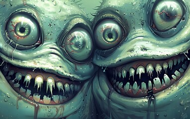 Obraz premium Two monsters with toothy mouths. A couple of sweetly smiling demons. Cartoon characters. Illustration for cover, card, postcard, interior design, banner, poster, brochure or presentation.