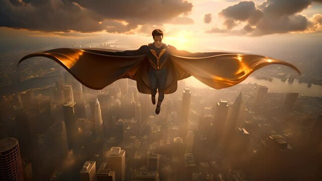 Superhero flying in the sky with costume and cape. Action movie blockbuster shot