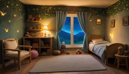 A child's bedroom is transformed into a nighttime sanctuary with twinkling stars and glowing butterflies, creating a dreamlike atmosphere.