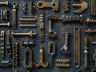 Fototapeta premium A close-up photo of various metallic clamps arranged in a zigzag pattern on a textured dark background