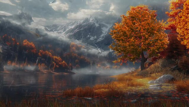Autumn forest path, Autumn cloudy raining nature landscape, Orange color tree, nature view with river and autumn grass 