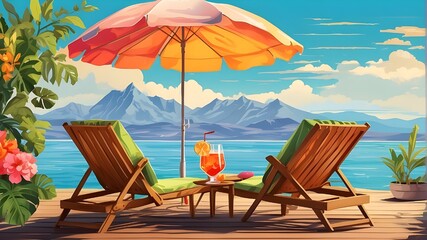 A few of deck chairs, unique beverages, and an umbrella stand out against the backdrop of mountains and the sea in this summertime scene. colorful modern artwork in style