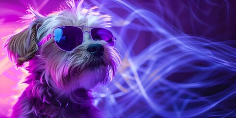 Puppy wearing sunglasses against a colorful background symbolizing Artificial Intelligence. Concept Puppy Photoshoot, Sunglasses, Artificial Intelligence Symbolism, Colorful Background
