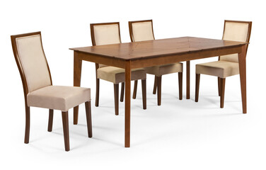 wooden dining table set isolated on white background . table and chair .