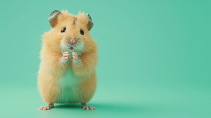 An Inquisitive Golden Hamster Raises Its Paws Curiously, Peeking Out Against a Light Green Background. Funny animal for banner, flyer, poster, card with copy space