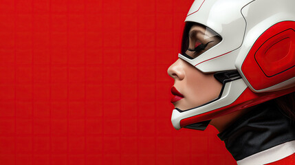 Striking Side Profile of a Heroine in a Red and White Helmet, Set Against a Bold Red Background, Radiating Confidence and Power