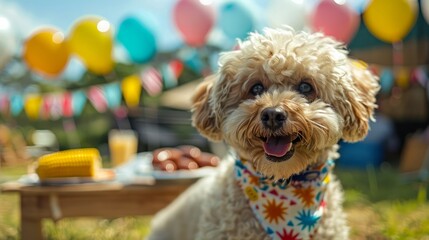 A dog is sitting in a grassy area with a colorful banner behind it