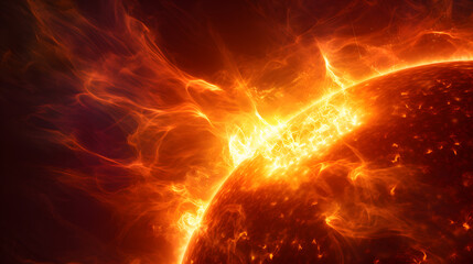 
A close-up view of the fiery surface of the sun, with solar flares and prominences erupting