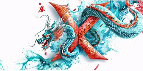 Chinese dragon in watercolor style. Vector illustration for your design. letter X