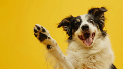 Energetic Border Collie Waving Paw with a Wide Open Mouth Smile, Set Against a Bright Yellow Background. Funny animal for banner, flyer, poster, card with copy space