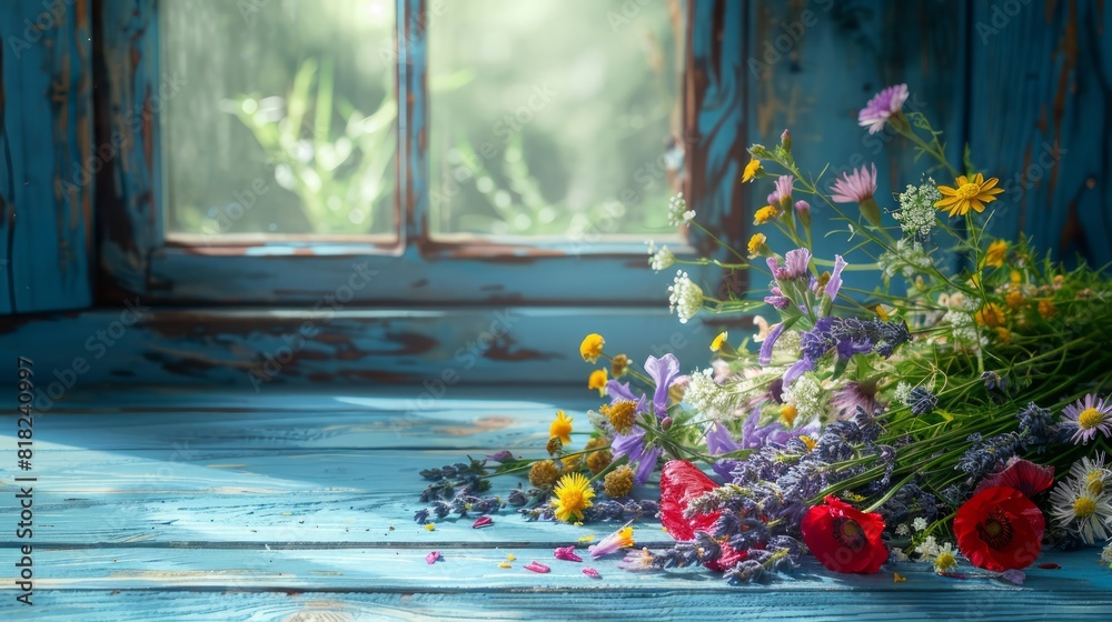 Poster a window sill with a blue background and a bunch of flowers on it