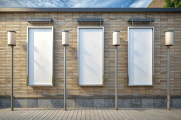 Blank urban billboards on building wall at daytime