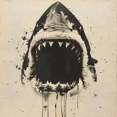 An ink stain on paper blurs into shape of face of a predatory angry black shark, creative unusual illustration	