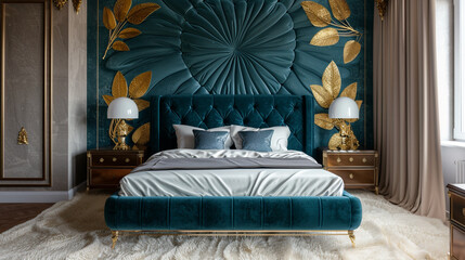 Art deco bedroom with a front view showcasing a deep teal velvet headboard, gold leaf wall accents, and a plush ivory carpet.
