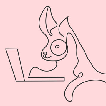 recommend clip art: Line Art Illustration of Dog Using Laptop on Pink Background