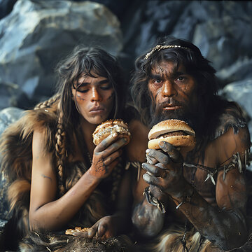 Ancient prehistoric cavemen, Neanderthals trying modern hamburgers, fantasy illustration