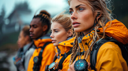 Obraz premium Female Athletes in Yellow Shirts Standing at Attention