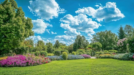 Obraz premium Beautiful Garden with Lush Green Lawn and Colorful Flower Beds Under a Bright Blue Sky with Fluffy White Clouds