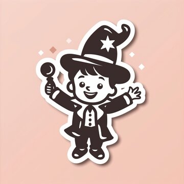 recommend clip art: A child magician illustration style sticker with white outline on a solid blush background