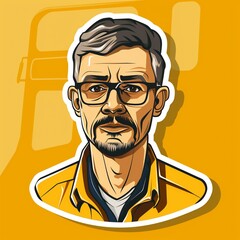 A middle-aged male bus driver illustration style sticker with white outline on a solid mustard yellow background