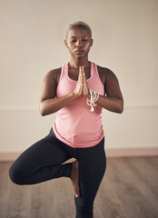 Woman, yoga and meditation on one leg with peace, balance and spiritual mindfulness in wellness...