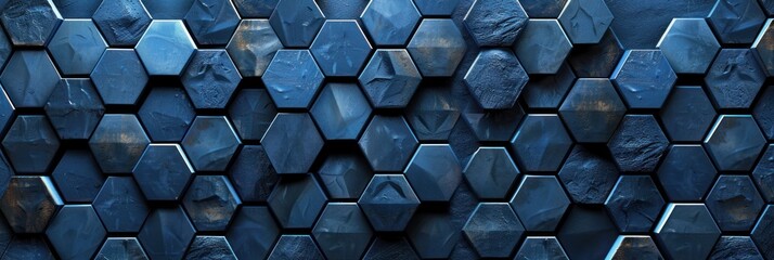 Abstract 3D hexagonal pattern with different shades of blue and black. Desktop background, website header background