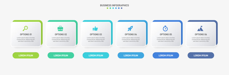 Horizontal progress bar featuring 6 arrow-shaped elements, symbolizing the six stages of business strategy and progression. Clean timeline infographic design template. Vector for presentation