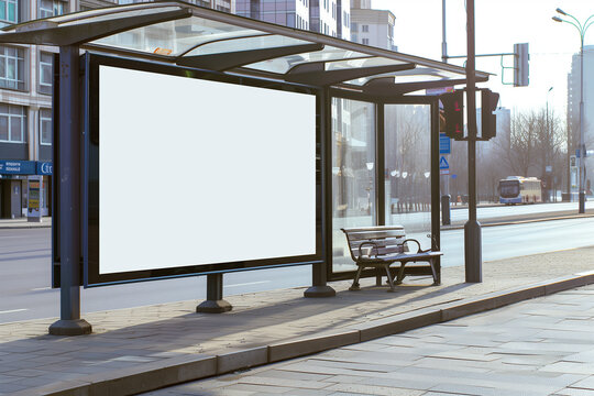 mockup of blank white horizontal billboard on the side of an outdoor bus stop, daylight city background, photorealistic commercial photo