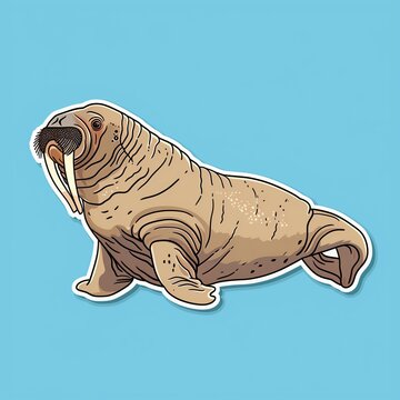 recommend clip art: A walrus illustration in normal colors as a sticker with a white outline on an ocean blue background
