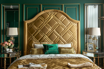 Classic art deco bedroom with a quilted golden headboard, mirrored side tables, and emerald green wall panels.