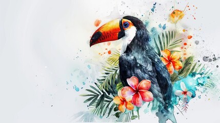 Fototapeta premium watercolor painting of colorful toucan bird with tropical flowers and paint splashes on white background