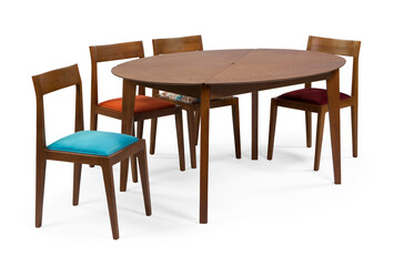 wooden dining table set isolated on white background . table and chair .