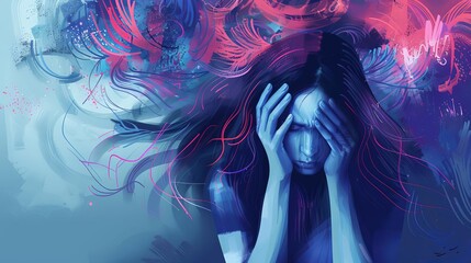 woman overwhelmed by stress and anxiety concept of mental health and burnout digital illustration