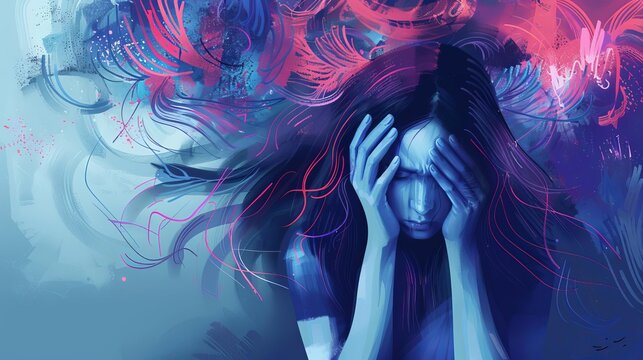 woman overwhelmed by stress and anxiety concept of mental health and burnout digital illustration