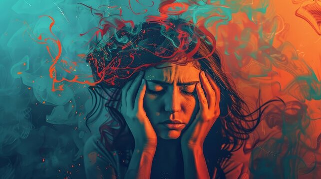 woman overwhelmed by stress and anxiety concept of mental health and burnout digital illustration